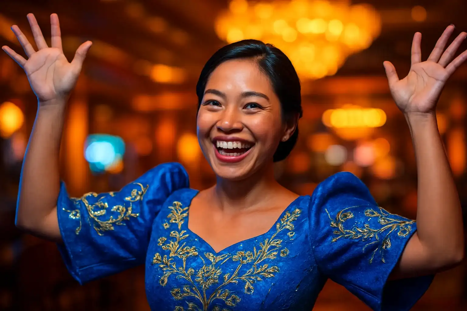 Joyful Filipino woman in Filipiniana dress celebrating in casino VIP lounge