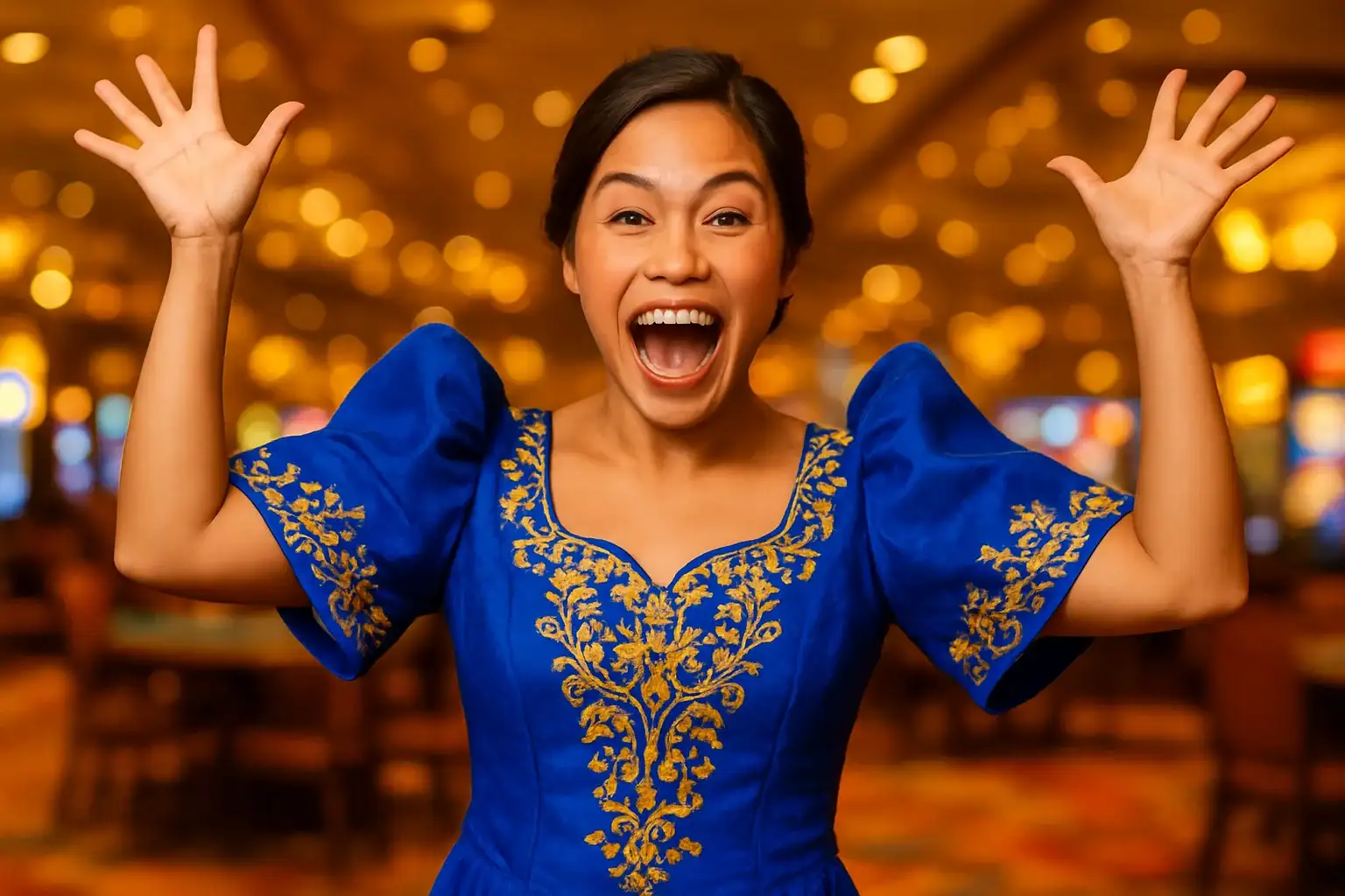 Thrilled Filipino woman in Filipiniana attire celebrating in blurred casino lounge