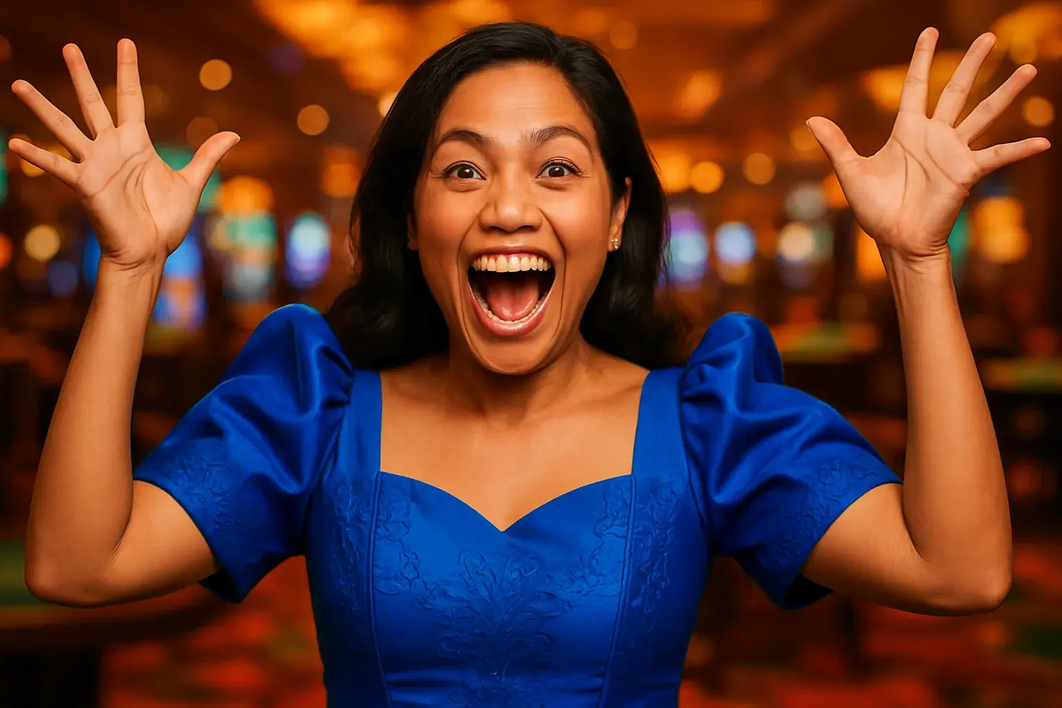 Thrilled Filipino woman in royal blue Filipiniana dress celebrating in casino lounge