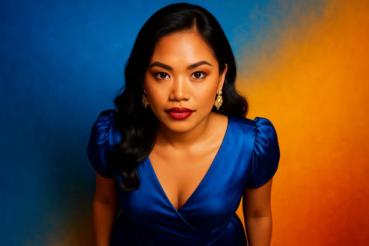 High-resolution portrait of stylish Filipino woman in elegant dress on blue gold gradient