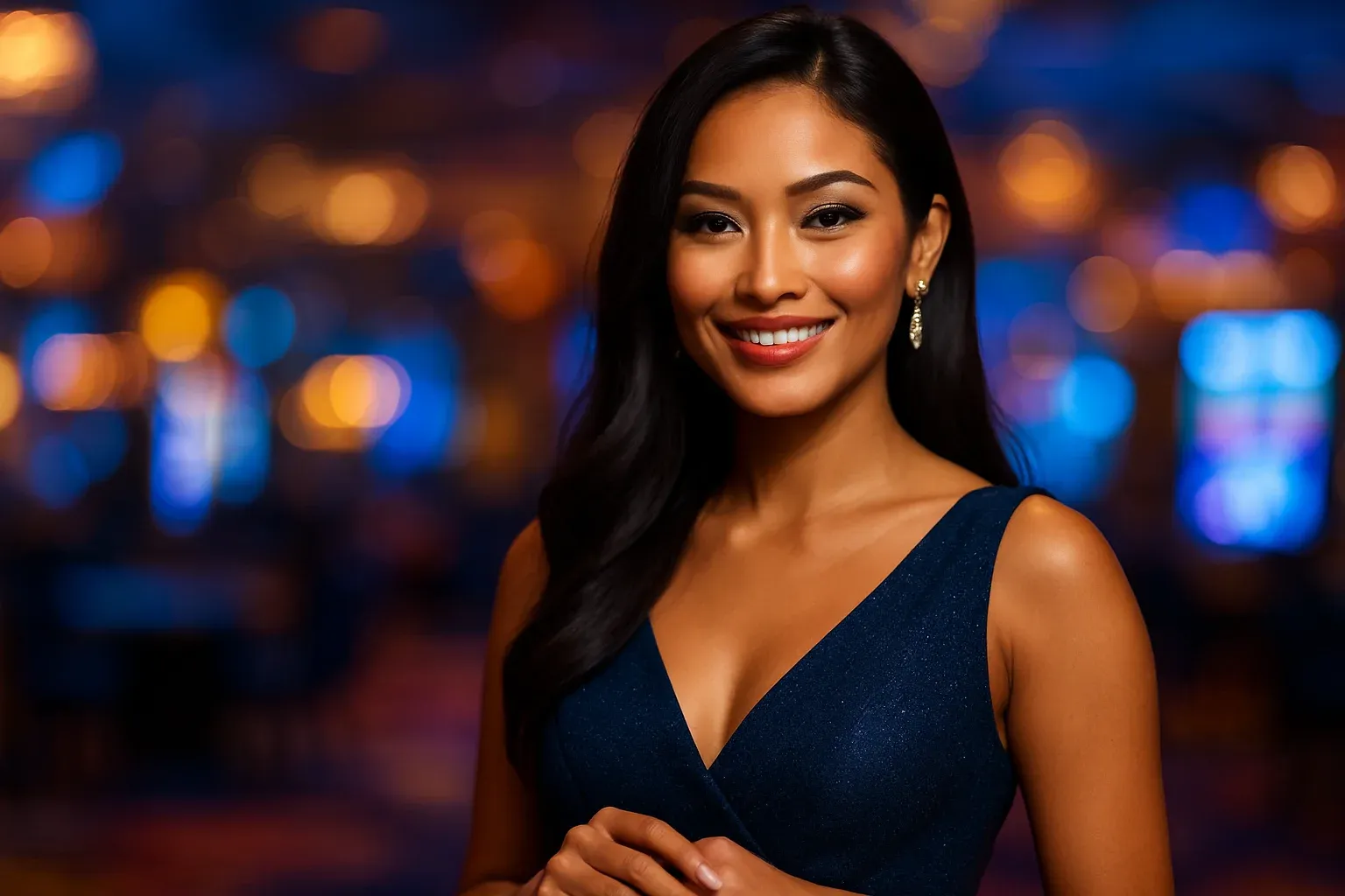 Elegant Filipino woman in evening dress smiling, blurred casino lights background