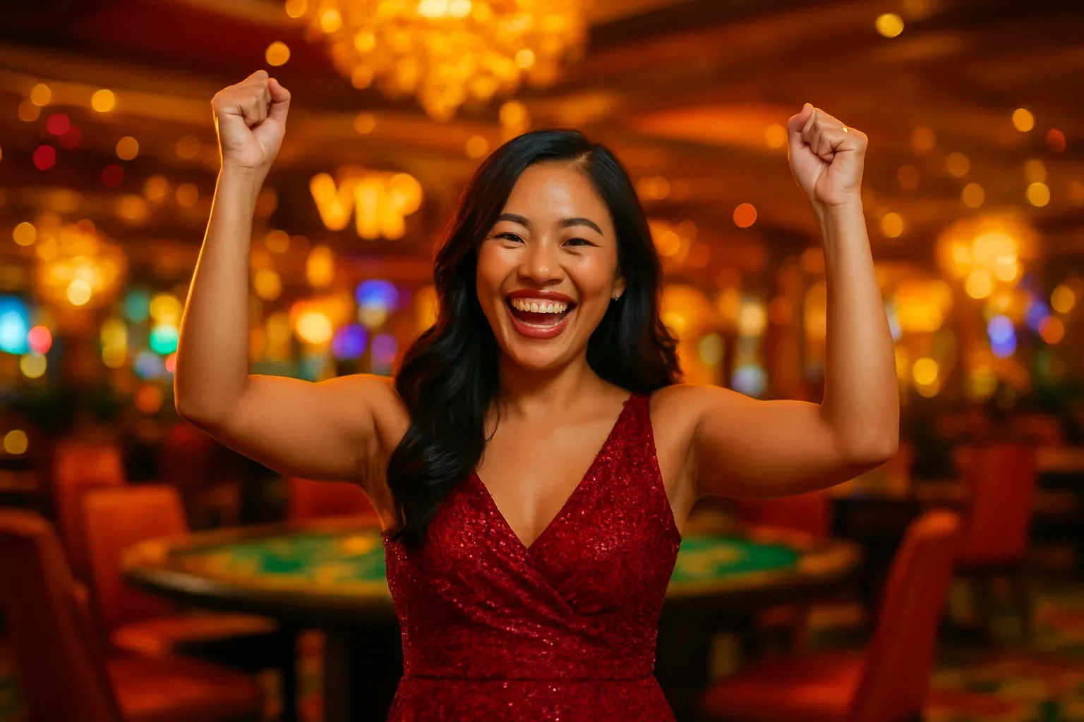 Joyful Filipino woman in elegant dress celebrating casino win in VIP lounge