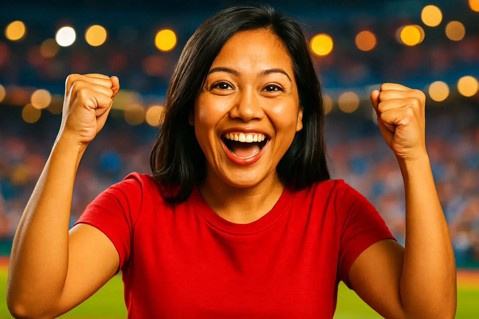 Enthusiastic Filipino woman celebrating with raised fists in blurred arena lights