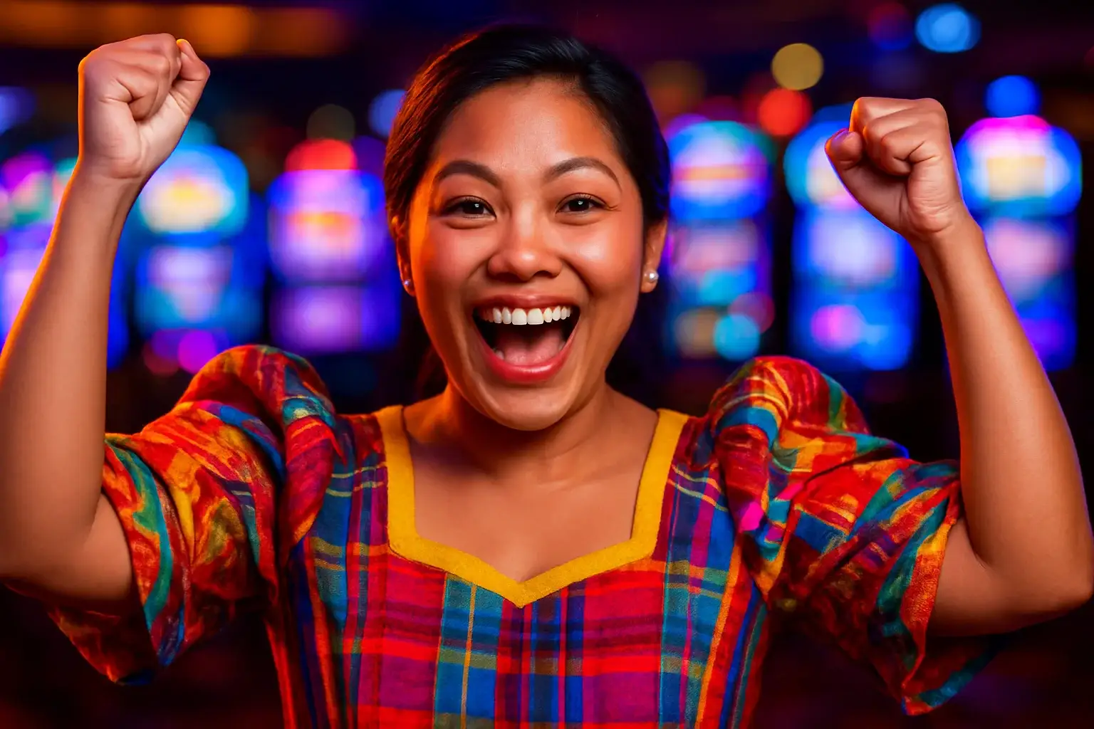 Excited Filipino woman celebrating with raised arms on blurred casino slot floor