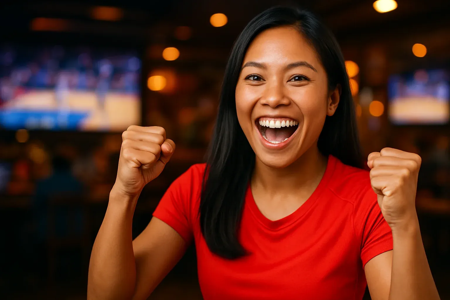 Enthusiastic Filipino woman celebrating in sports bar with raised fists